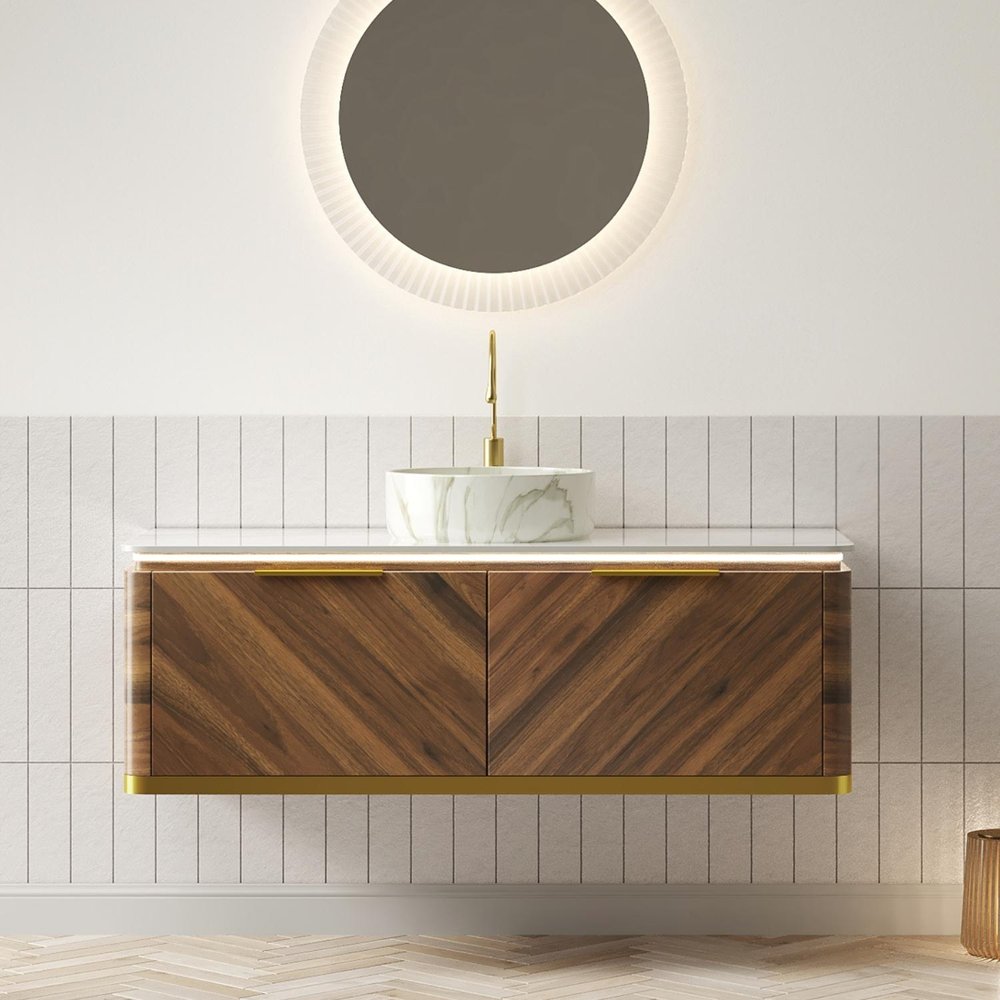 48" Brown Wood Floating Bathroom Vanity With White Ceramic Sink With Two Drawers — view 1