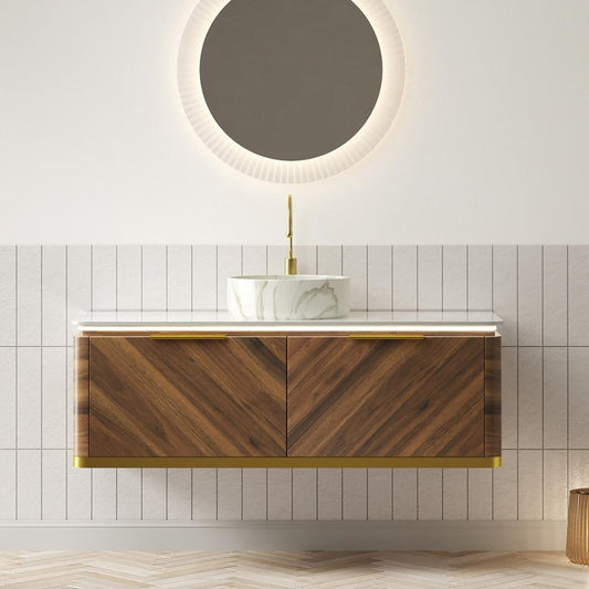 48" Brown Wood Floating Bathroom Vanity With White Ceramic Sink With Two Drawers
