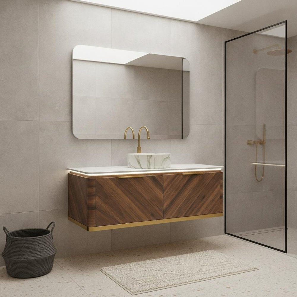 48" Brown Wood Floating Bathroom Vanity With White Ceramic Sink With Two Drawers — view 5