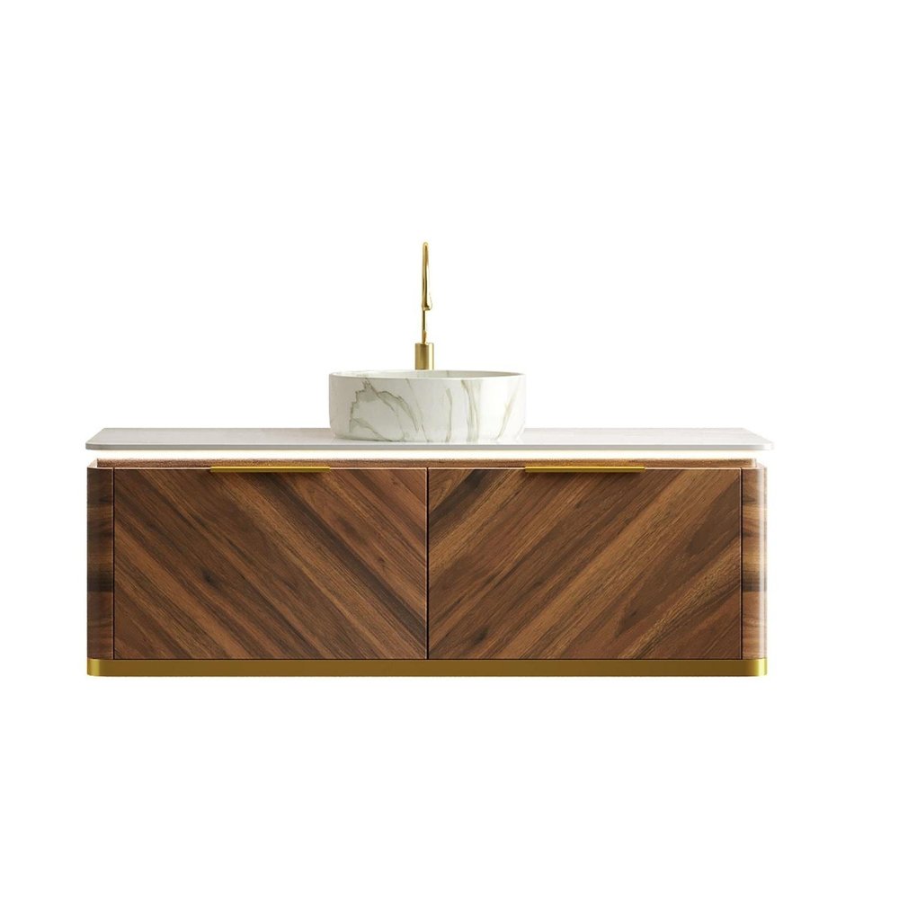 48" Brown Wood Floating Bathroom Vanity With White Ceramic Sink With Two Drawers HomeRoots