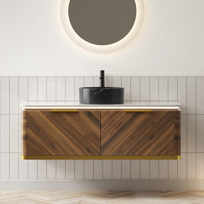 48" Brown Wood Floating Bathroom Vanity With Black Ceramic Sink With Two Drawers HomeRoots