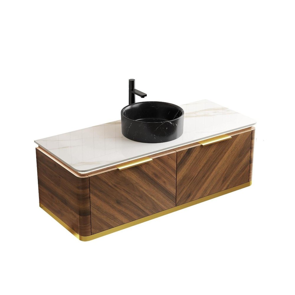 48" Brown Wood Floating Bathroom Vanity With Black Ceramic Sink With Two Drawers — view 3