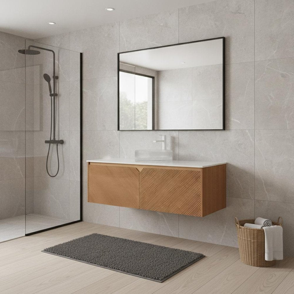 48" Brown Wood Floating Bathroom Vanity With White Glass Sink With Two Drawers HomeRoots
