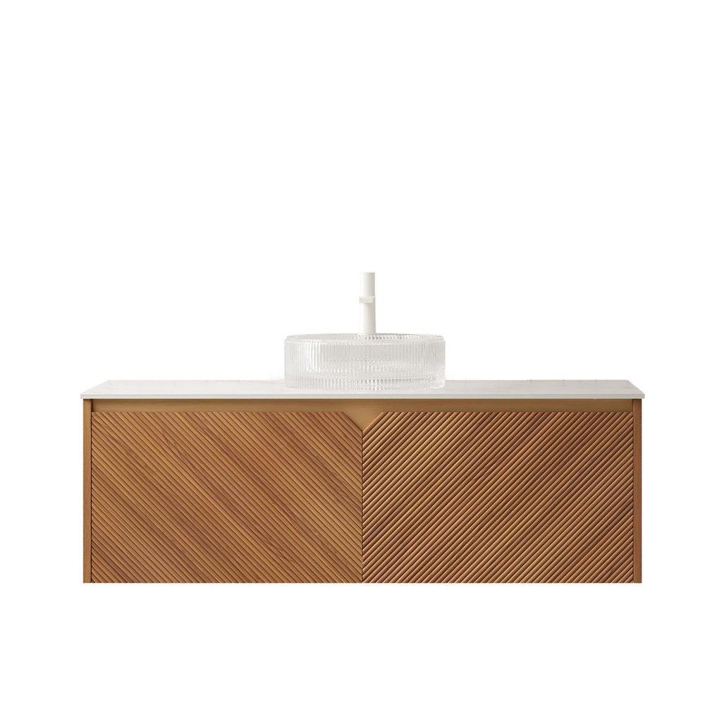 48" Brown Wood Floating Bathroom Vanity With White Glass Sink With Two Drawers HomeRoots