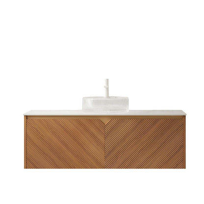 48" Brown Wood Floating Bathroom Vanity With White Glass Sink With Two Drawers HomeRoots