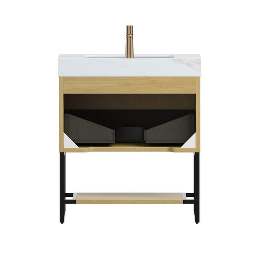 30" Brown Wood Bathroom Vanity With White Ceramic Sink