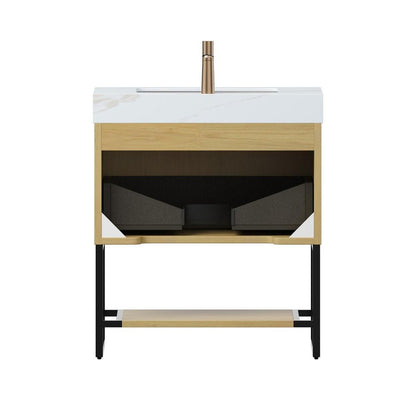 30" Brown Wood Bathroom Vanity With White Ceramic Sink HomeRoots