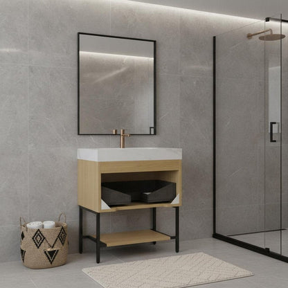 30" Brown Wood Bathroom Vanity With White Ceramic Sink HomeRoots