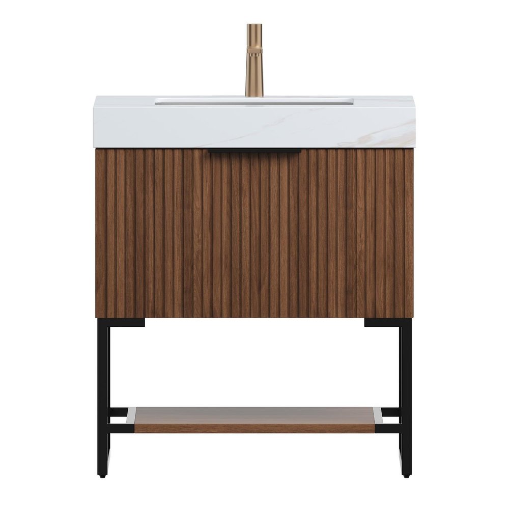 30" Brown Wood Bathroom Vanity With White Ceramic Sink HomeRoots