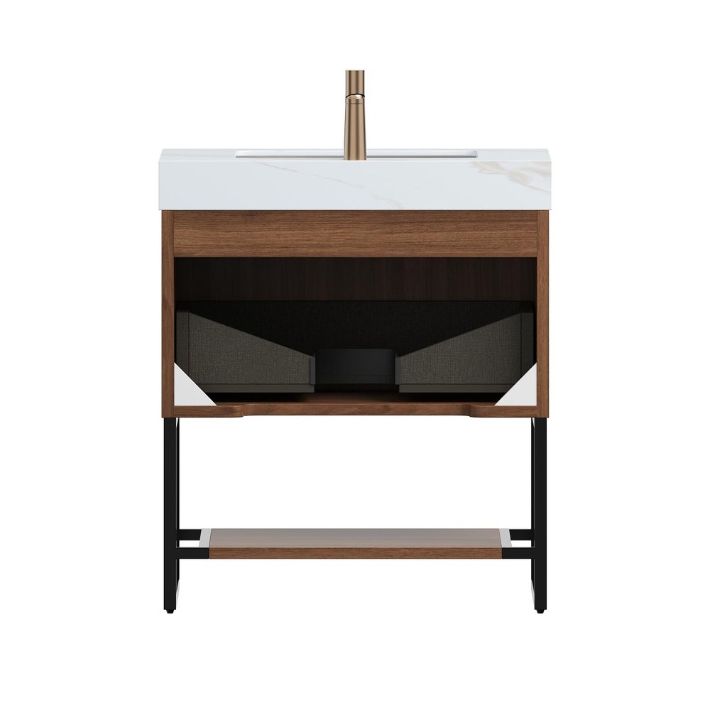 30" Brown Wood Bathroom Vanity With White Ceramic Sink — view 2