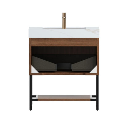 30" Brown Wood Bathroom Vanity With White Ceramic Sink HomeRoots