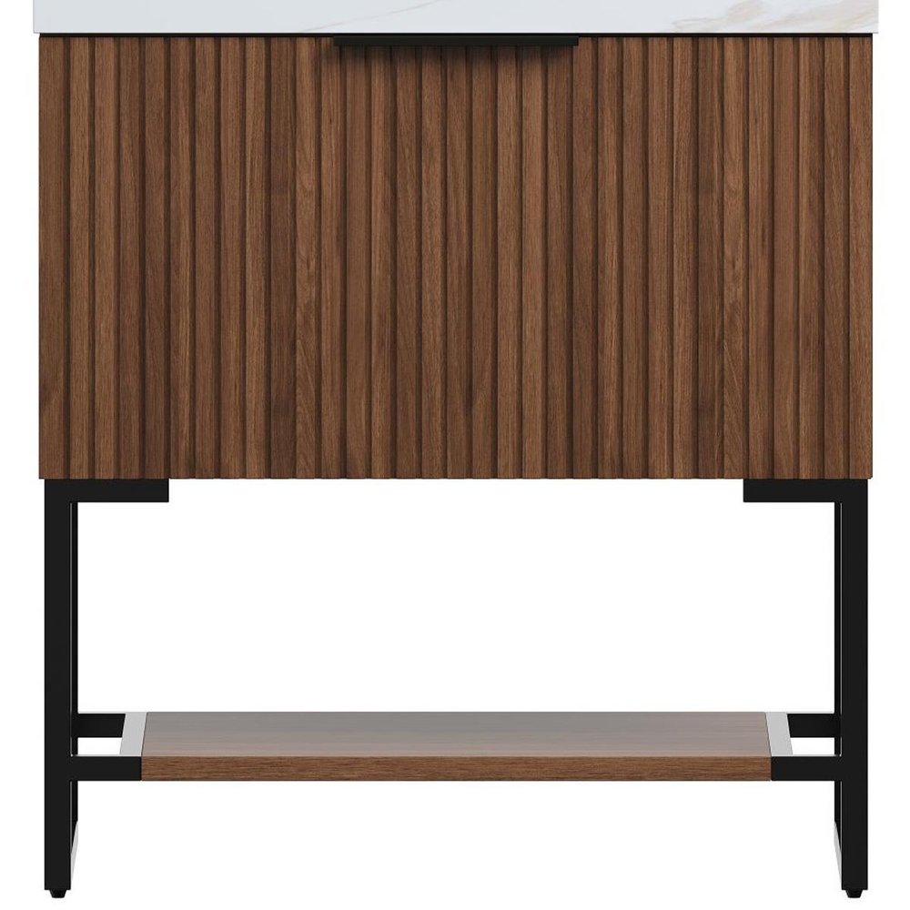 30" Brown Wood Bathroom Vanity With White Ceramic Sink — view 3