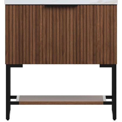 30" Brown Wood Bathroom Vanity With White Ceramic Sink HomeRoots