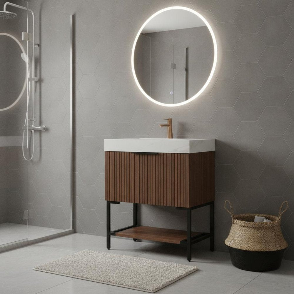 30" Brown Wood Bathroom Vanity With White Ceramic Sink — view 5