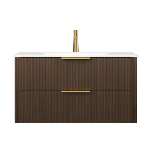 36" Brown Wood Floating Bathroom Vanity With White Ceramic Sink With Two Drawers