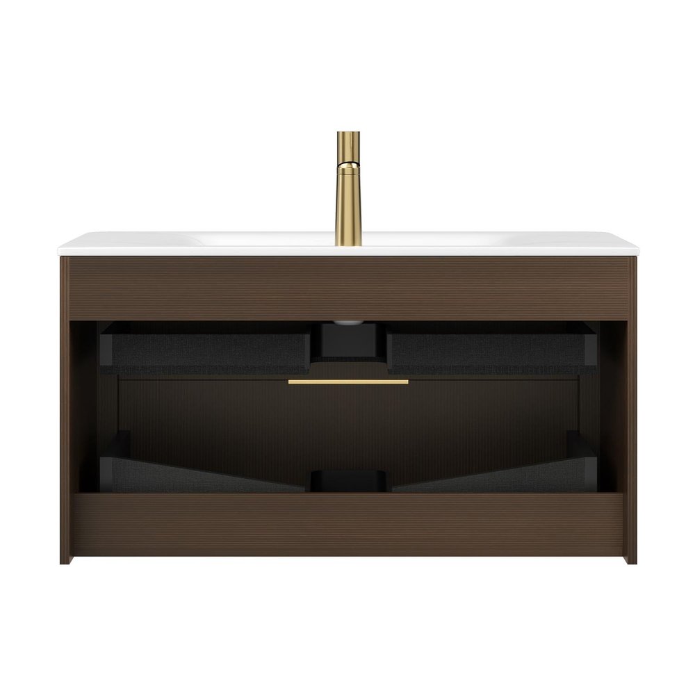 36" Brown Wood Floating Bathroom Vanity With White Ceramic Sink With Two Drawers HomeRoots