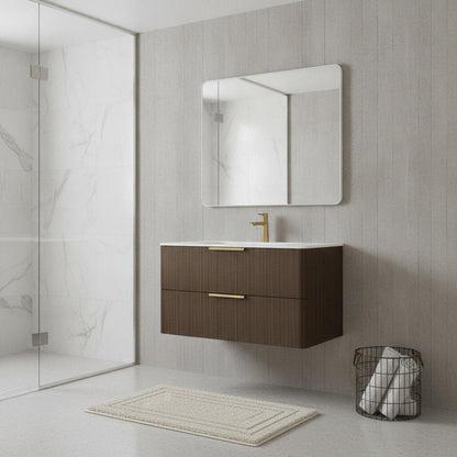36" Brown Wood Floating Bathroom Vanity With White Ceramic Sink With Two Drawers HomeRoots