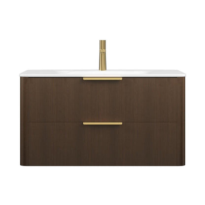 36" Brown Wood Floating Bathroom Vanity With White Ceramic Sink With Two Drawers HomeRoots