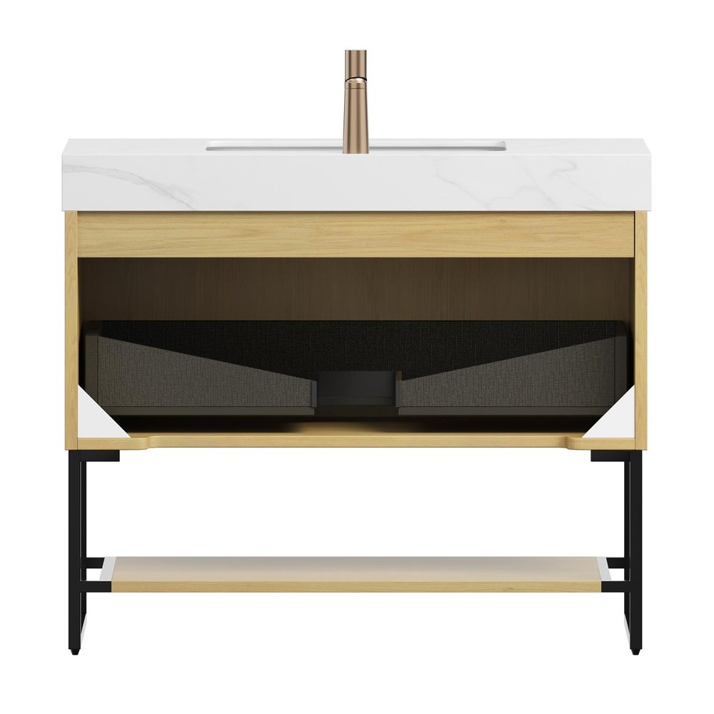 36" Brown Wood Bathroom Vanity With White Ceramic Sink HomeRoots