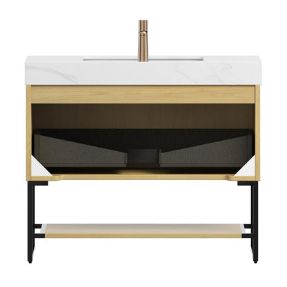 36" Brown Wood Bathroom Vanity With White Ceramic Sink