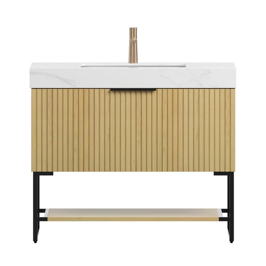 36" Brown Wood Bathroom Vanity With White Ceramic Sink