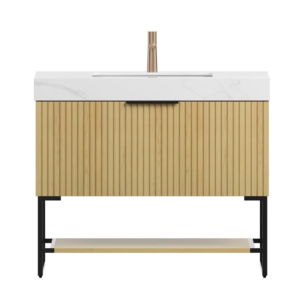 36" Brown Wood Bathroom Vanity With White Ceramic Sink HomeRoots