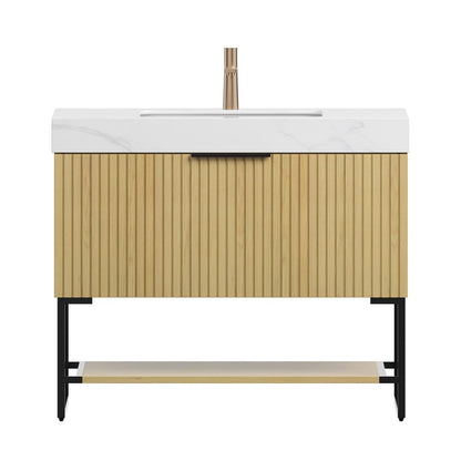 36" Brown Wood Bathroom Vanity With White Ceramic Sink HomeRoots
