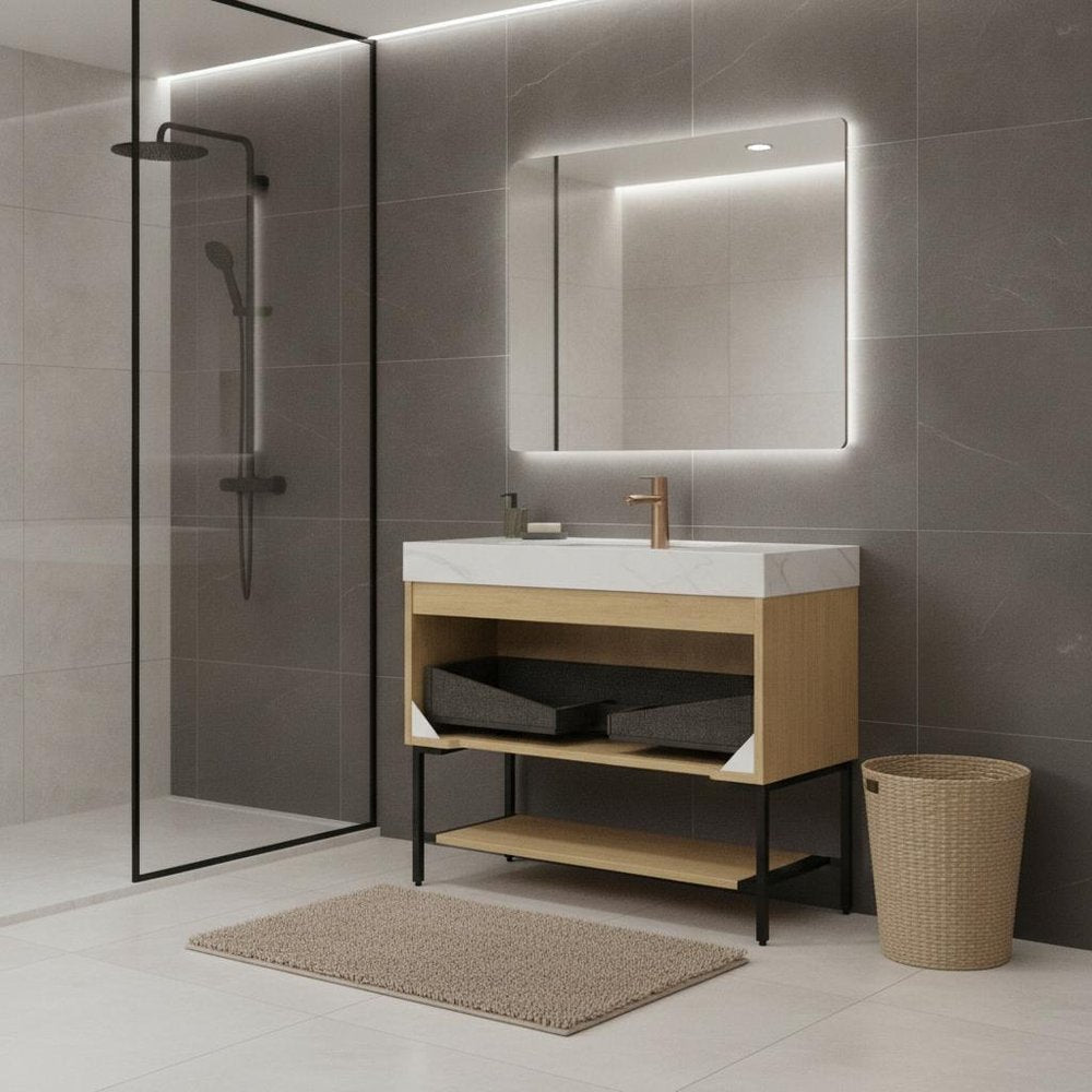 36" Brown Wood Bathroom Vanity With White Ceramic Sink HomeRoots