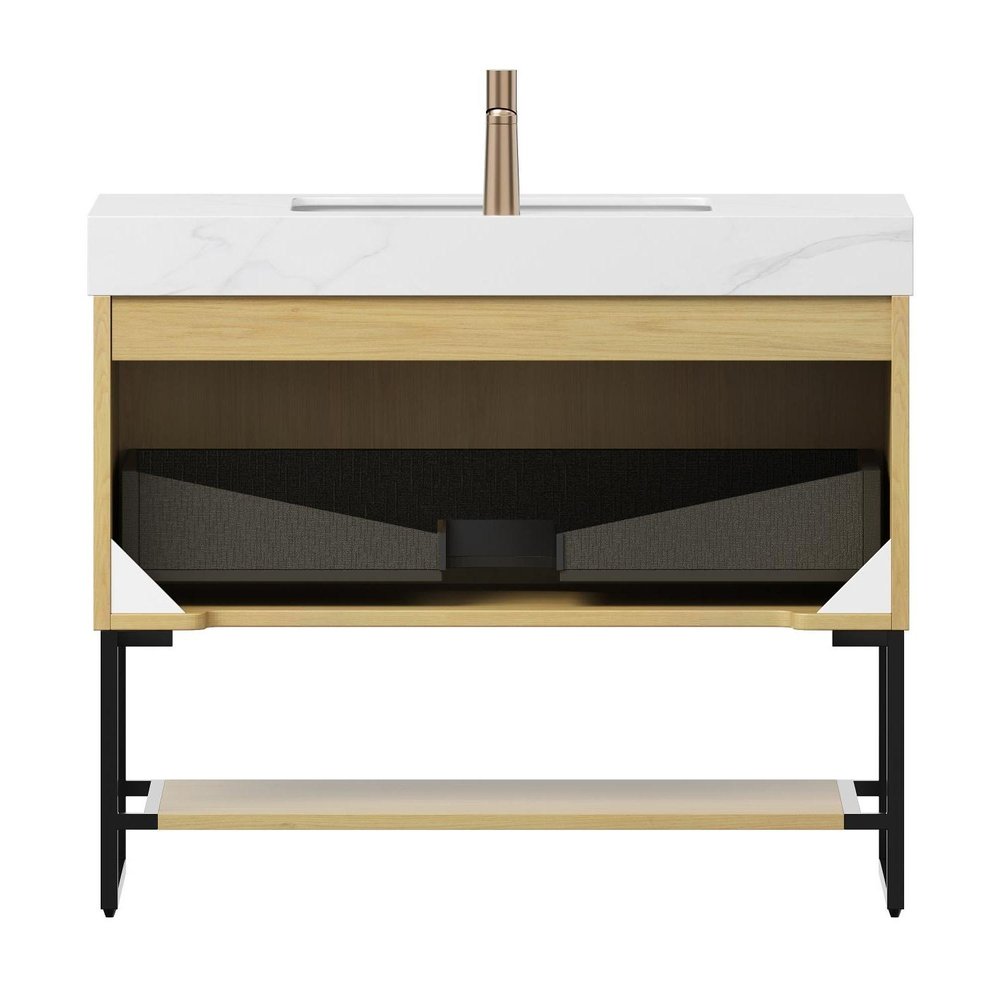 36" Brown Wood Bathroom Vanity With White Ceramic Sink HomeRoots