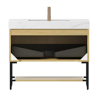 36" Brown Wood Bathroom Vanity With White Ceramic Sink HomeRoots