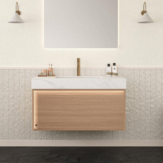 36" Brown Wood Floating Bathroom Vanity With White Ceramic Sink