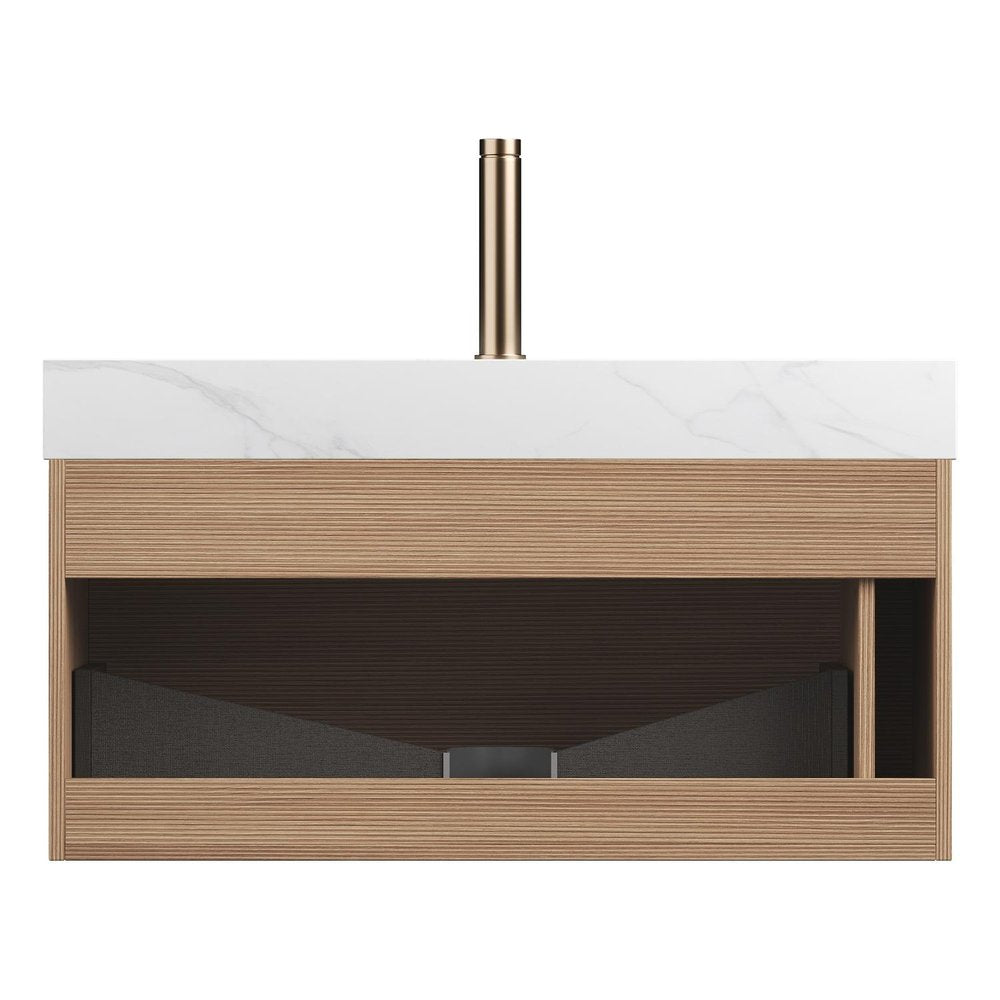 36" Brown Wood Floating Bathroom Vanity With White Ceramic Sink HomeRoots