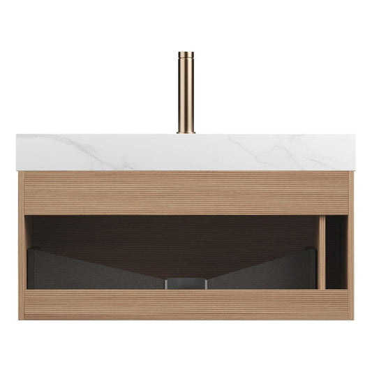 36" Brown Wood Floating Bathroom Vanity With White Ceramic Sink