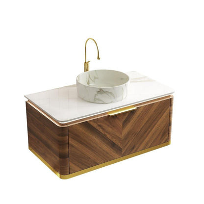 36" Brown Wood Floating Bathroom Vanity With White Ceramic Sink HomeRoots