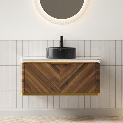 36" Brown Wood Floating Bathroom Vanity With Black Ceramic Sink HomeRoots