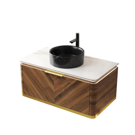 36" Brown Wood Floating Bathroom Vanity With Black Ceramic Sink
