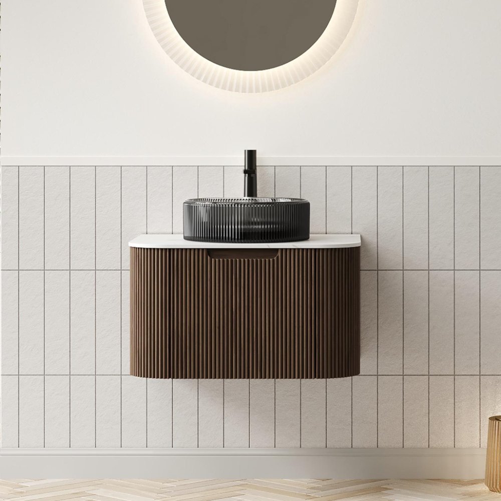 24" Brown Wood Floating Bathroom Vanity With Black Glass Sink HomeRoots