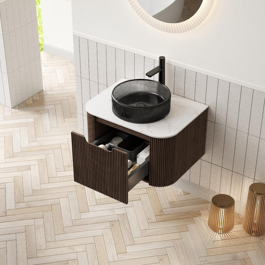 24" Brown Wood Floating Bathroom Vanity With Black Glass Sink