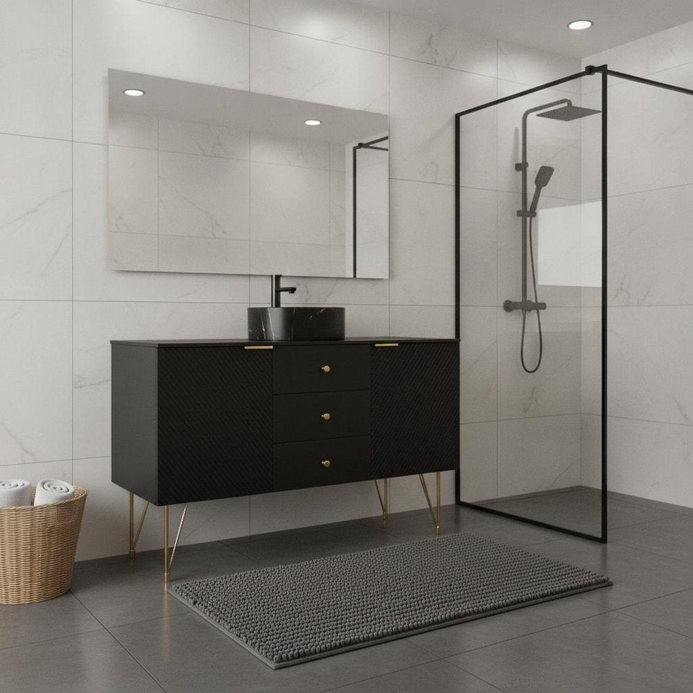 48" Black Wood Three Door Bathroom Vanity With Ceramic Sink With Two Drawers HomeRoots