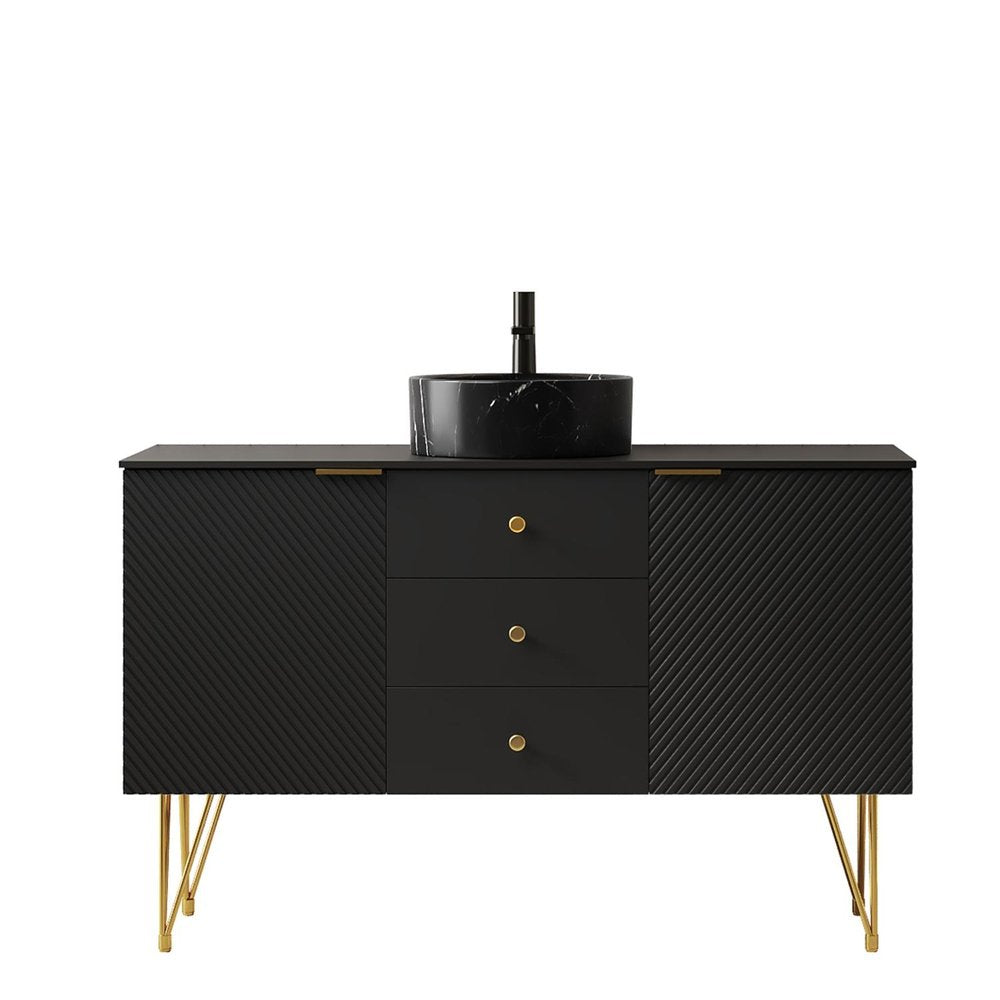 48" Black Wood Three Door Bathroom Vanity With Ceramic Sink With Two Drawers HomeRoots
