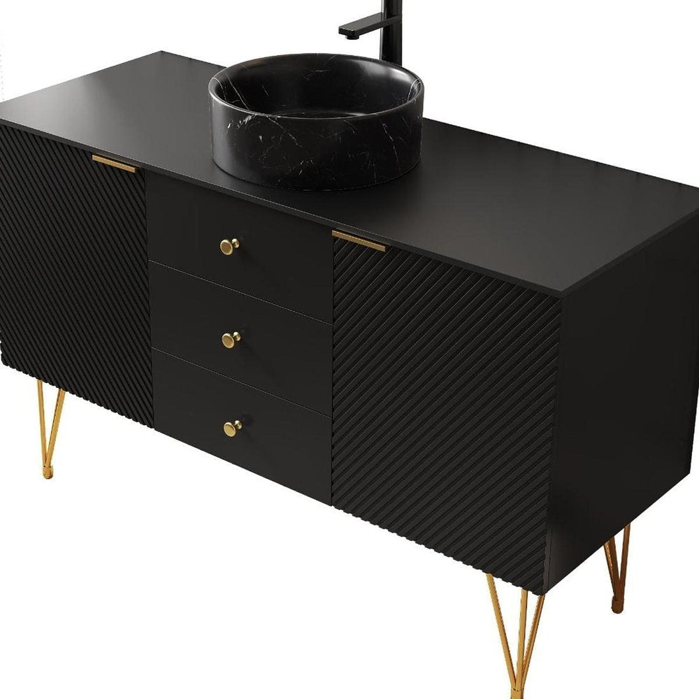 48" Black Wood Three Door Bathroom Vanity With Ceramic Sink With Two Drawers — view 3