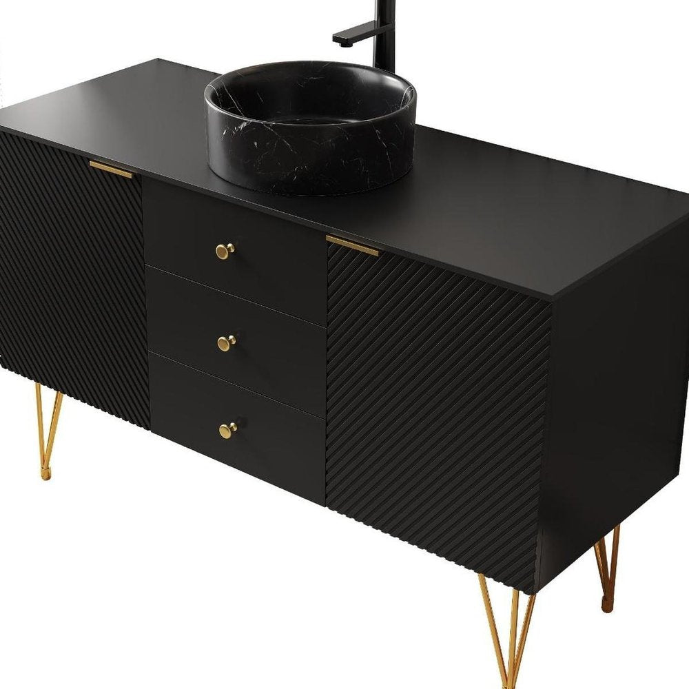 48" Black Wood Three Door Bathroom Vanity With Ceramic Sink With Two Drawers — view 4
