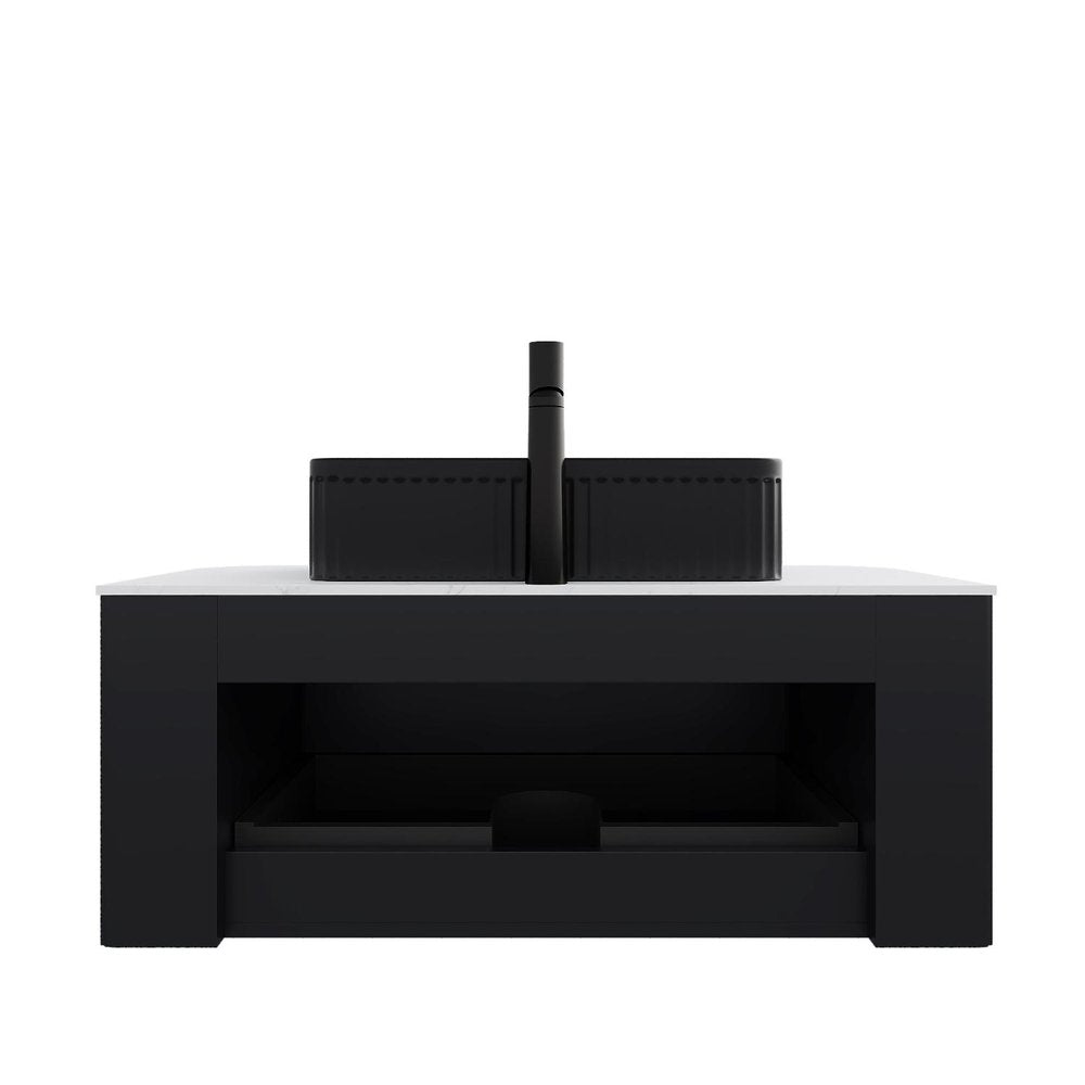 36" Black Wood Floating Bathroom Vanity With Ceramic Sink HomeRoots