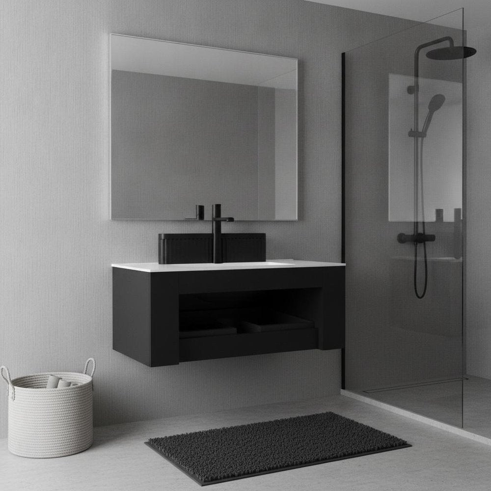 36" Black Wood Floating Bathroom Vanity With Ceramic Sink HomeRoots