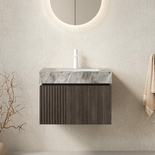 24" Brown Wood Floating Double Door Bathroom Vanity With White Ceramic Sink