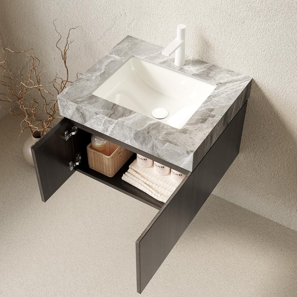 24" Brown Wood Floating Double Door Bathroom Vanity With White Ceramic Sink HomeRoots