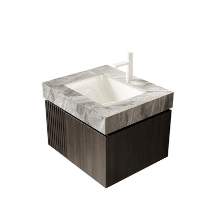 24" Brown Wood Floating Double Door Bathroom Vanity With White Ceramic Sink