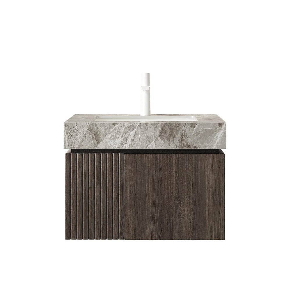 24" Brown Wood Floating Double Door Bathroom Vanity With White Ceramic Sink — view 4