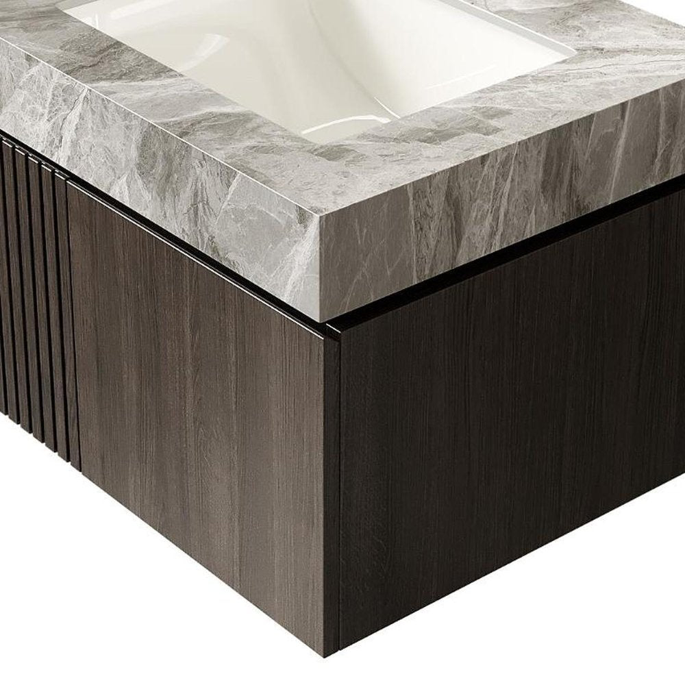 24" Brown Wood Floating Double Door Bathroom Vanity With White Ceramic Sink HomeRoots
