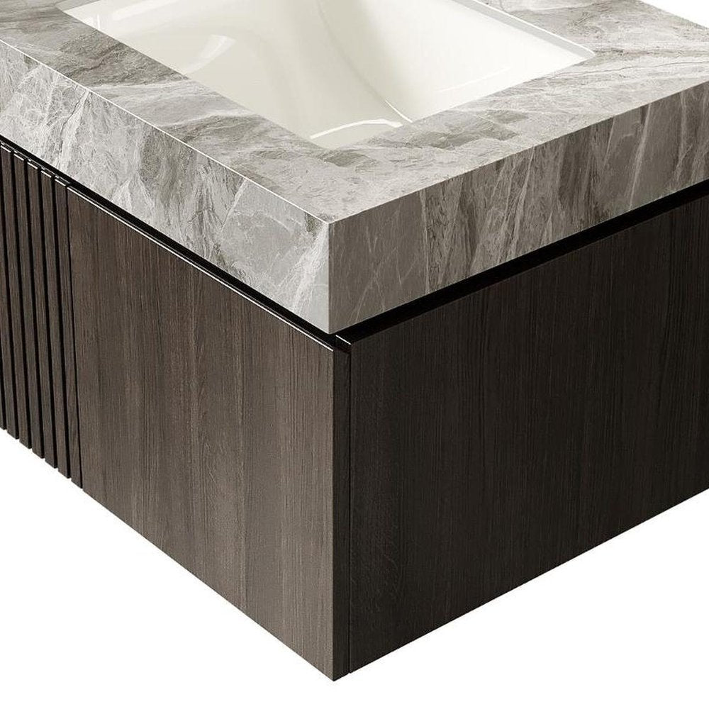 24" Brown Wood Floating Double Door Bathroom Vanity With White Ceramic Sink — view 6